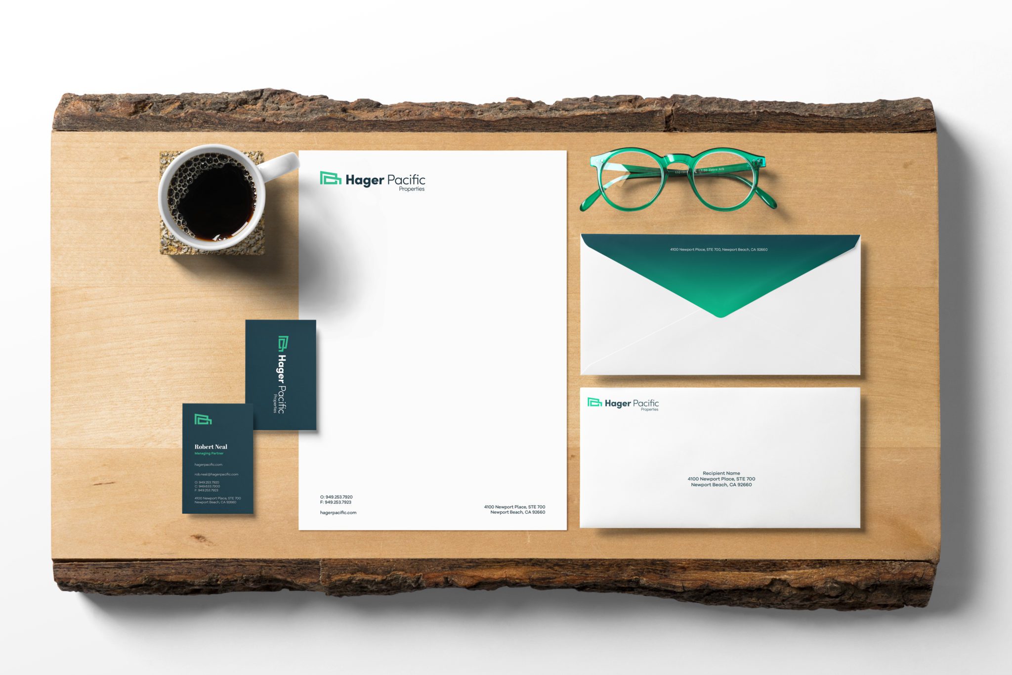 hager pacific properties office stationery, real estate branding agency, orange county creative agency