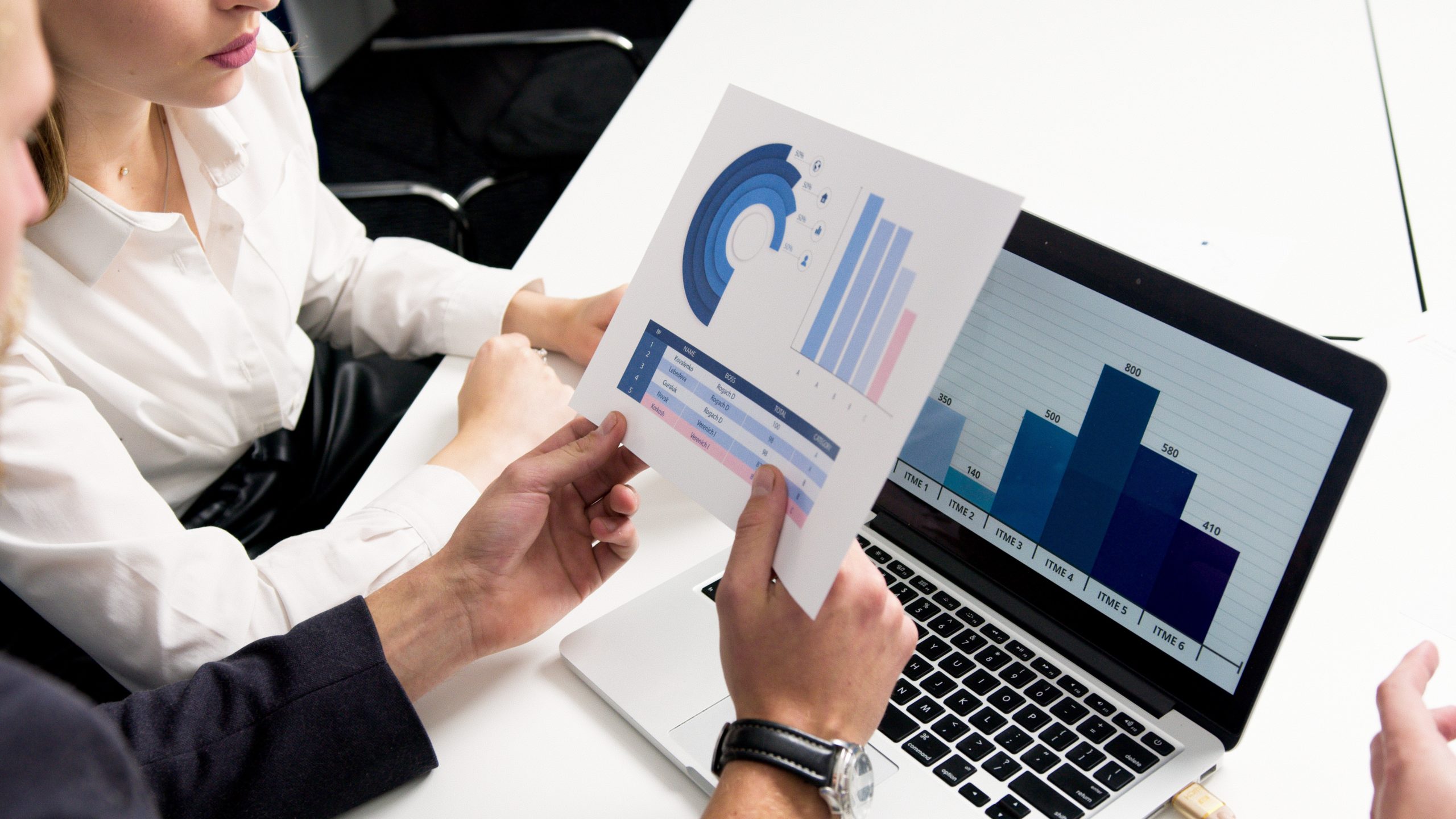 two coworkers looking at charts on graphs on a laptop computer, digital marketing