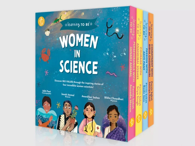 the illustrated box set includes titles commitment with bibha chowdhuri courage with anandibai joshee passion with aditi pant and perseverance with janaki ammal